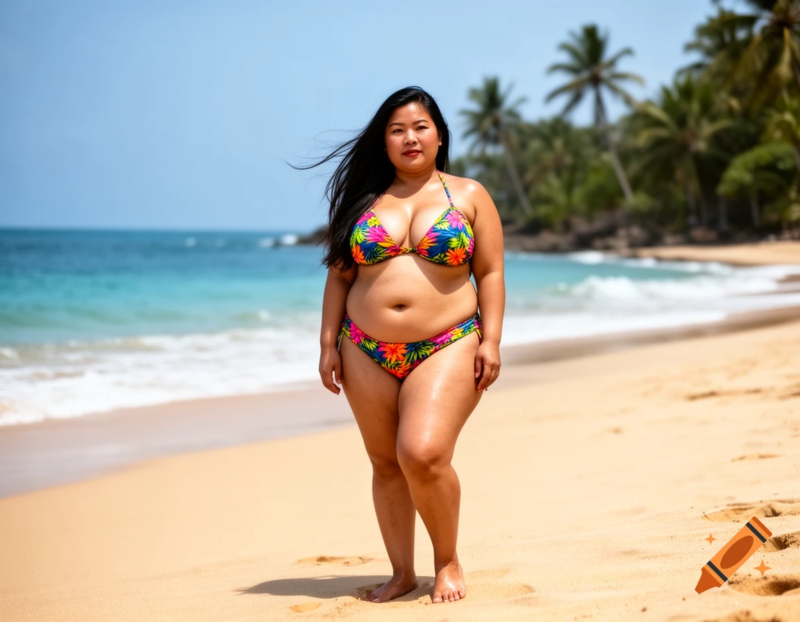 A woman in a colorful floral bikini stands on a sandy beach with the ocean and palm trees in the background.