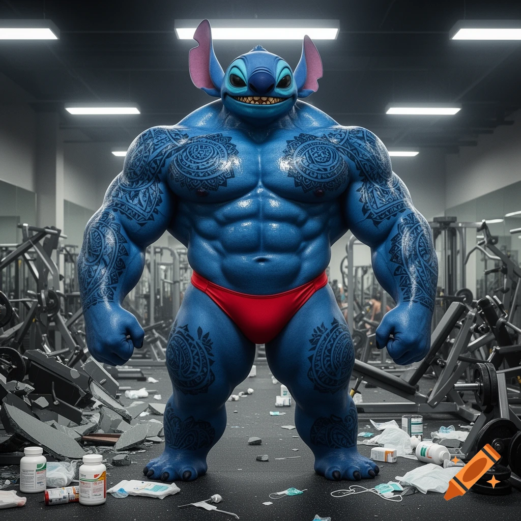 An extremely muscular, tattooed, blue Stitch from Lilo & Stitch wearing a red speedo, posing in a destroyed gym full of debris and medical waste, in a hyper-realistic style.