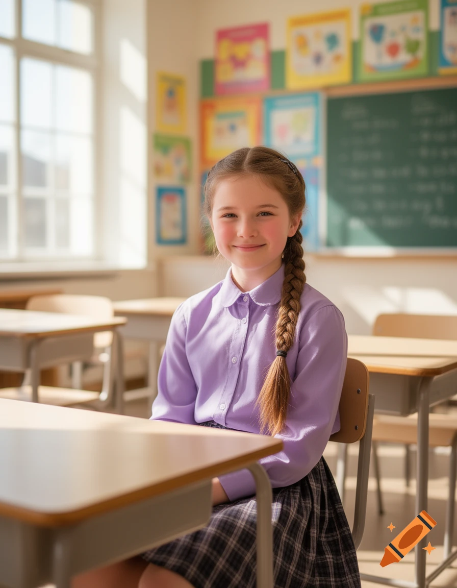 A smiling young girl with a braided ponytail sits at a wooden desk in a sunny classroom, wearing a purple shirt and plaid skirt.