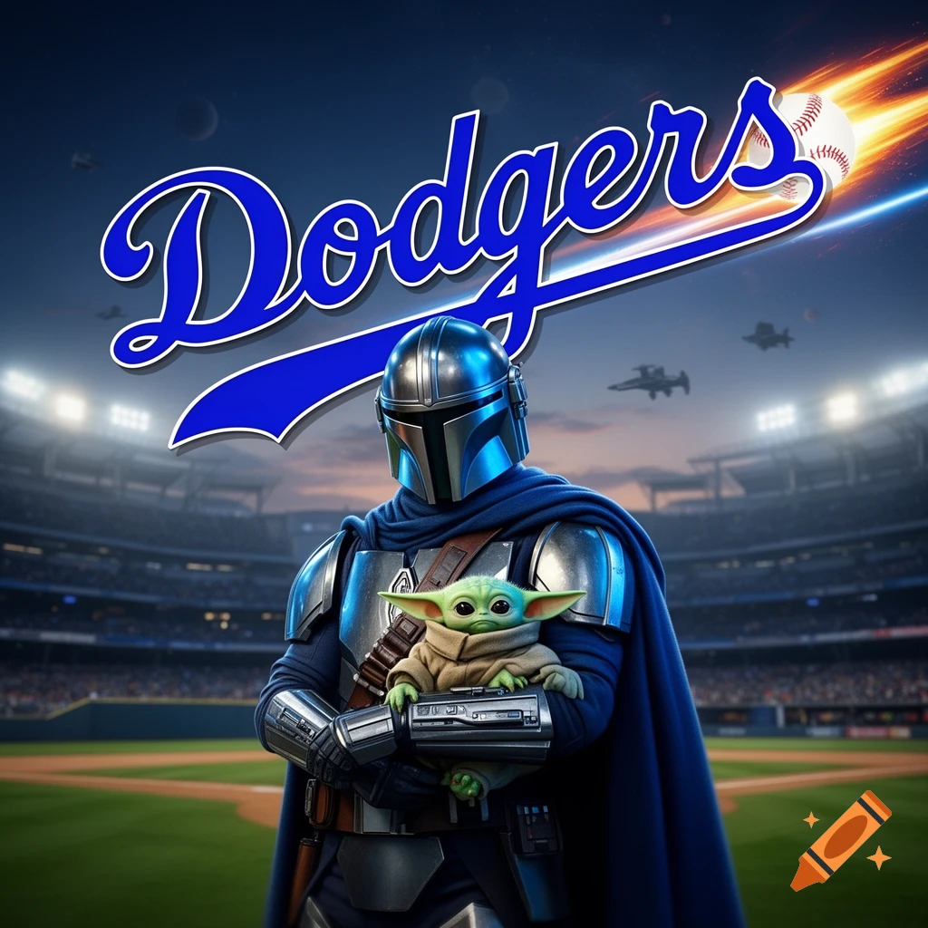 The Mandalorian holds Grogu on a baseball field with a large Dodgers logo overhead and spaceships in the sky.
