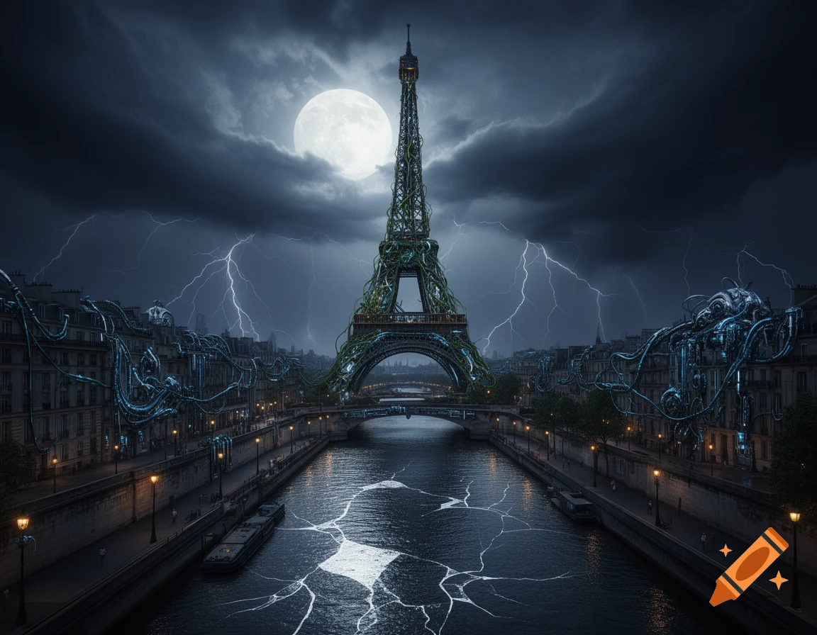 Photorealistic biomechanical Eiffel Tower and Paris cityscape under a stormy night sky with lightning and a full moon.