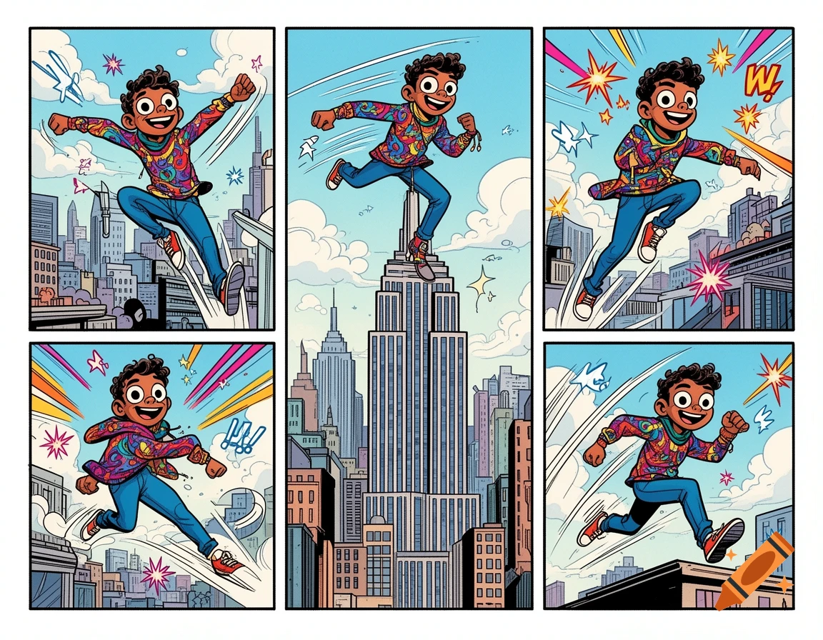 A multi-panel comic shows a cartoon boy with curly hair in a colorful shirt leaping and running across a city skyline.