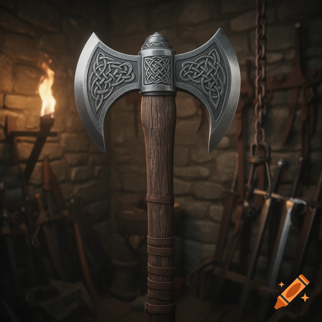 A detailed double-bladed battle axe with Celtic knot patterns and a wooden handle stands in a dimly lit stone armory.