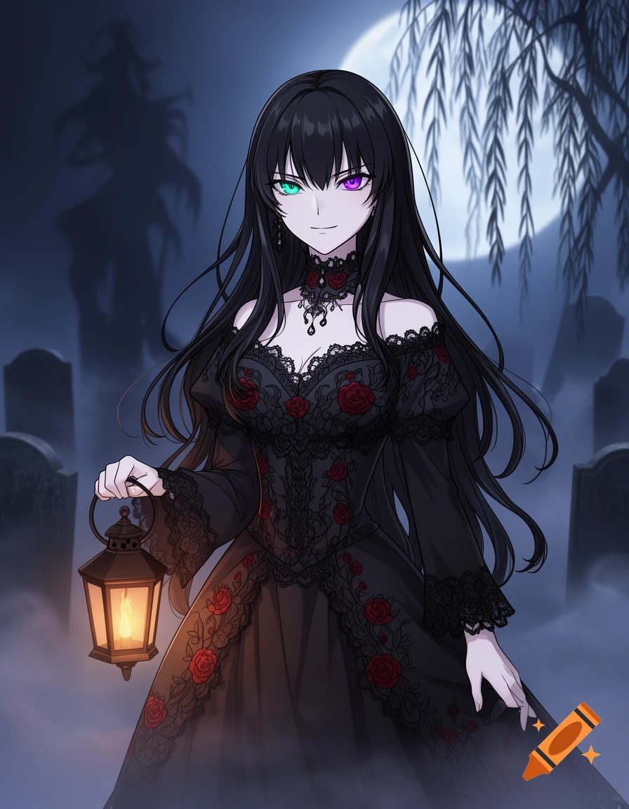 An anime girl with long black hair, heterochromia, and a black gothic dress with red roses holds a lantern in a misty graveyard under a full moon.