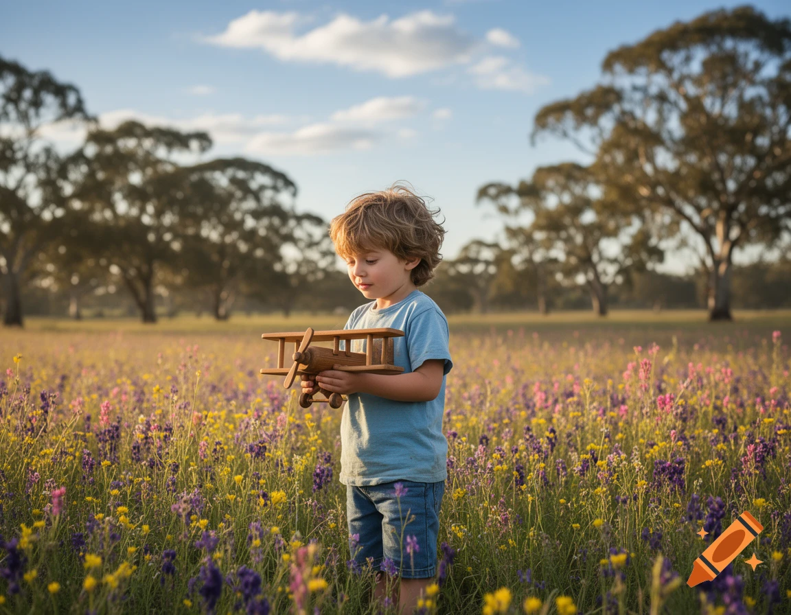 A young boy with curly hair stands in a field of colorful wildflowers, holding a wooden toy airplane under a blue sky.