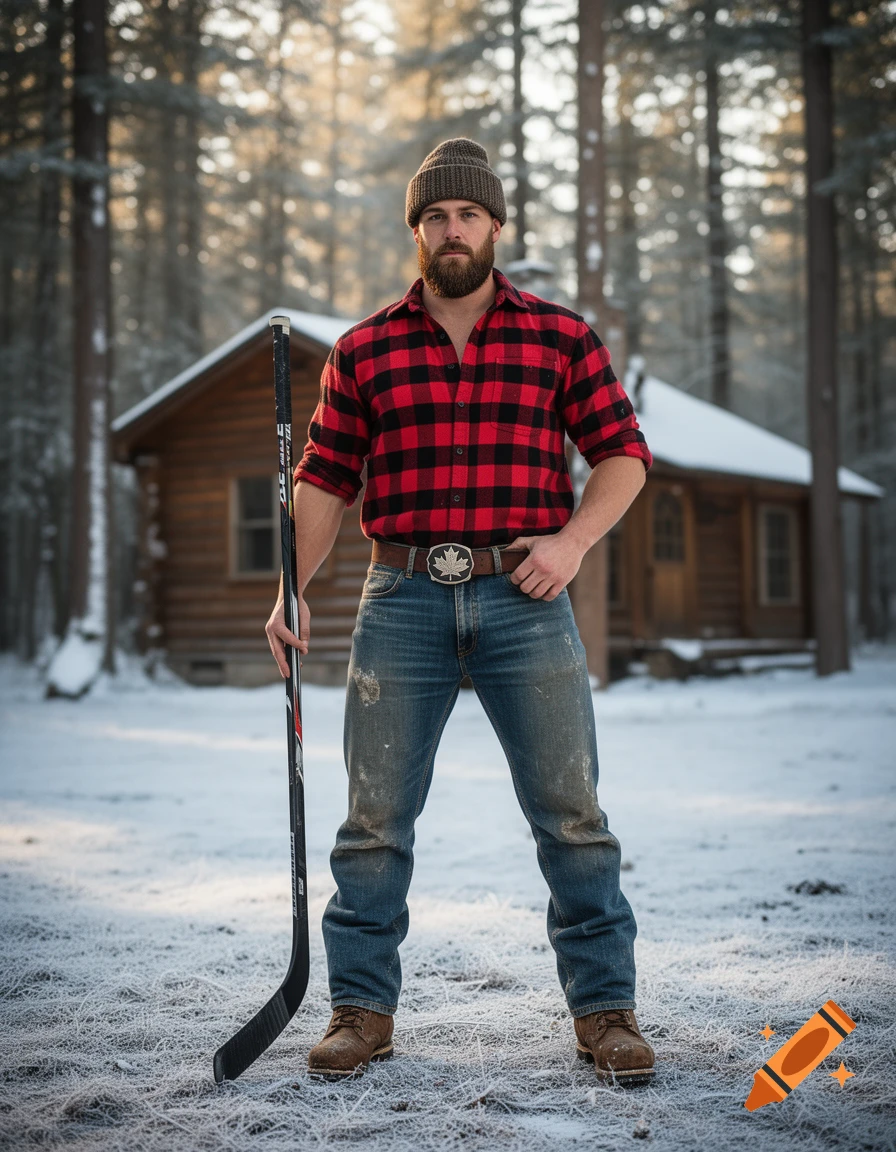 A bearded man in a red and black plaid shirt, jeans, and a beanie holds a hockey stick in a snowy forest with a log cabin in the background.