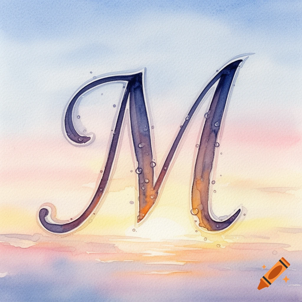 Watercolor letter M with water droplets against a soft pastel sunset sky background.