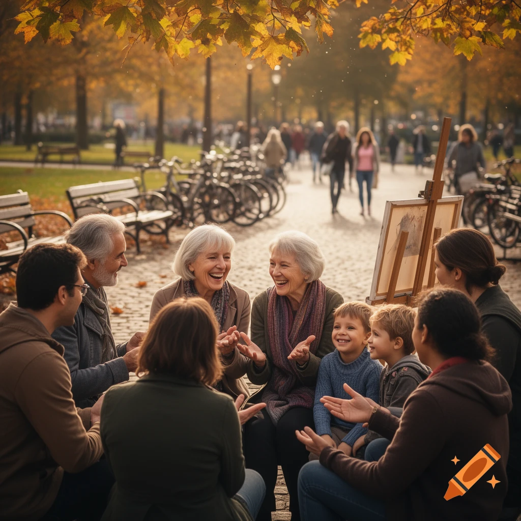 A multi-generational group laughs and talks in a sunny autumn park. Photorealistic.