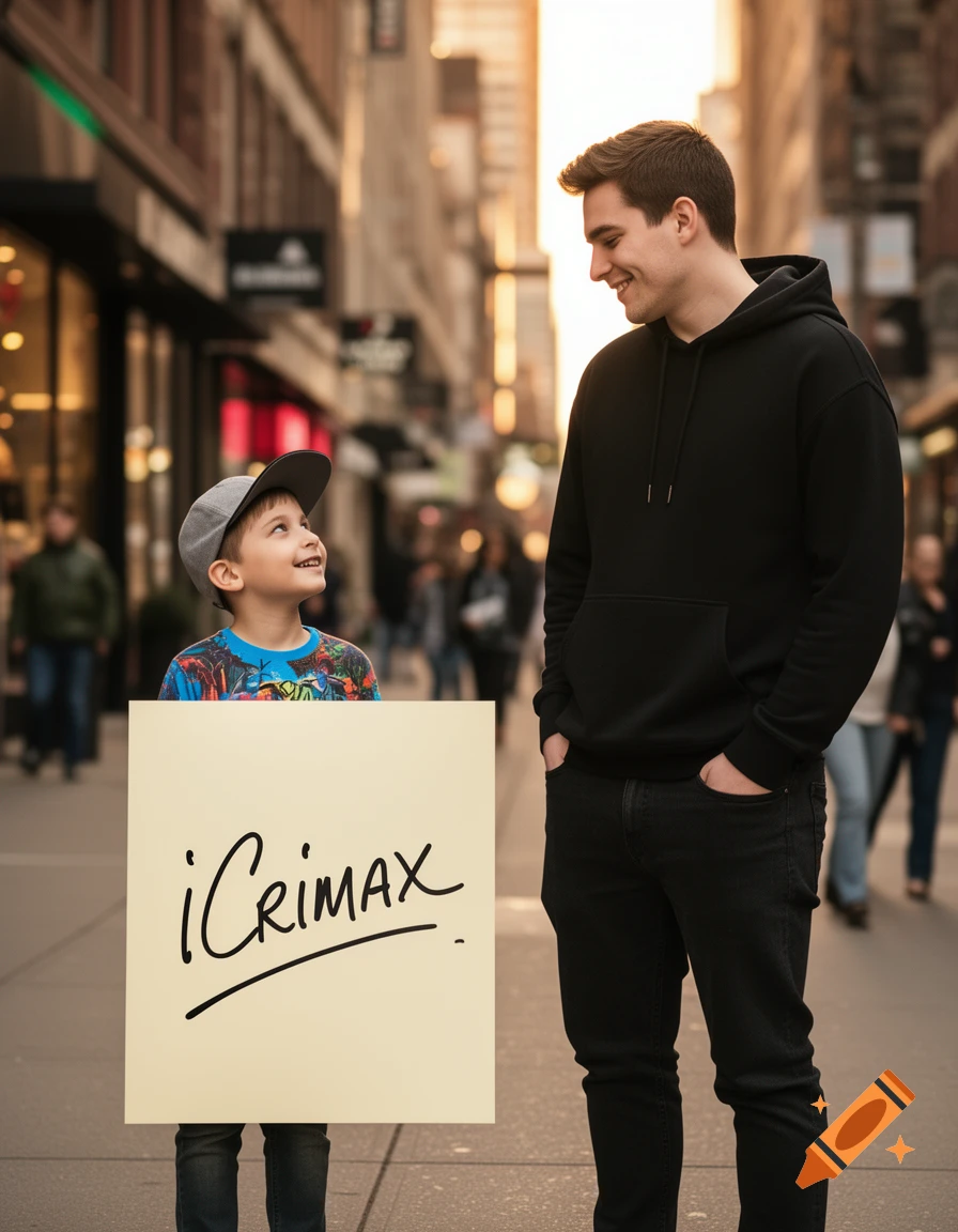 A boy holding a sign with 'iCrimax' written on it looks up at a smiling man on a busy city street, photorealistic.