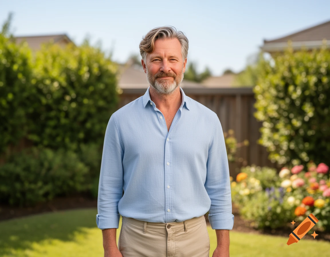 A smiling middle-aged white man with a beard and graying hair, wearing a light blue shirt and khakis, standing in a sunny backyard.