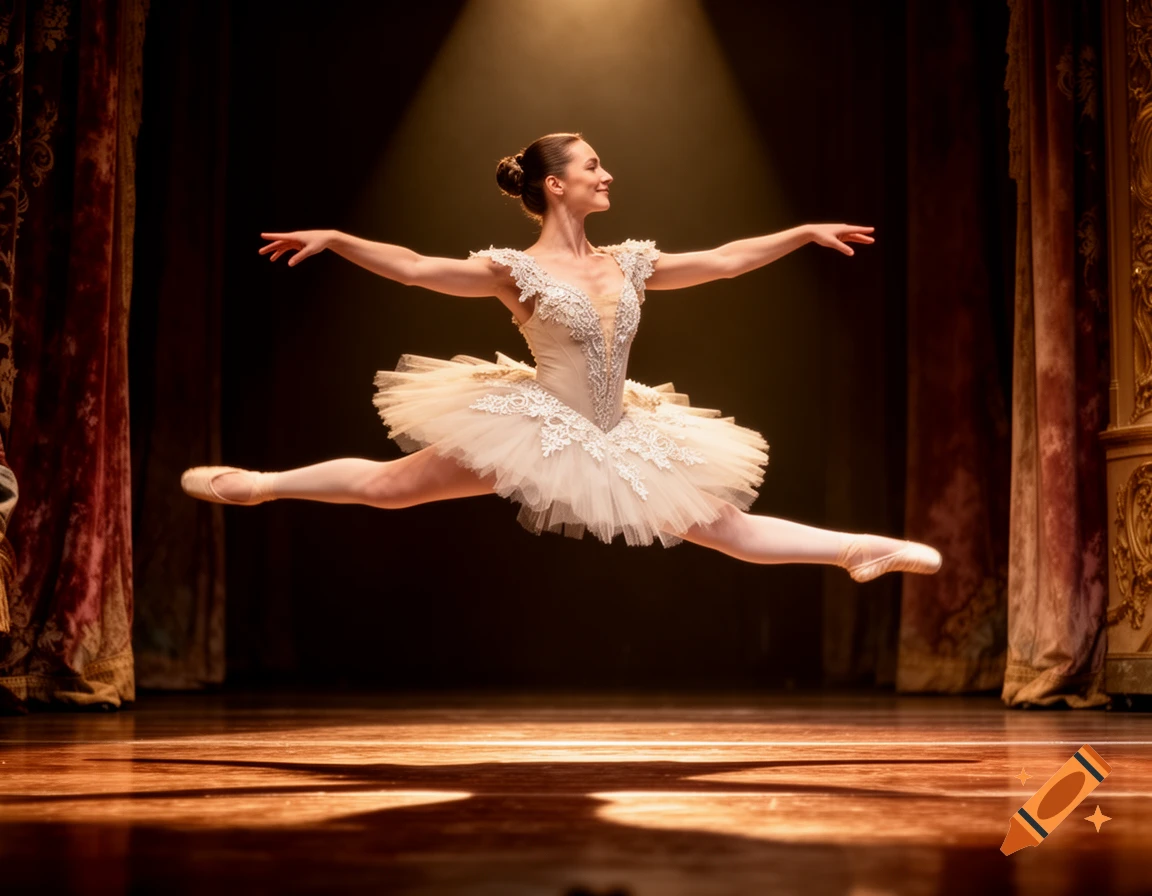 A ballerina in a white tutu performs a graceful grand jet Pointe shoe details on ballerina's foot.e leap across a spotlighted stage with red curtains.