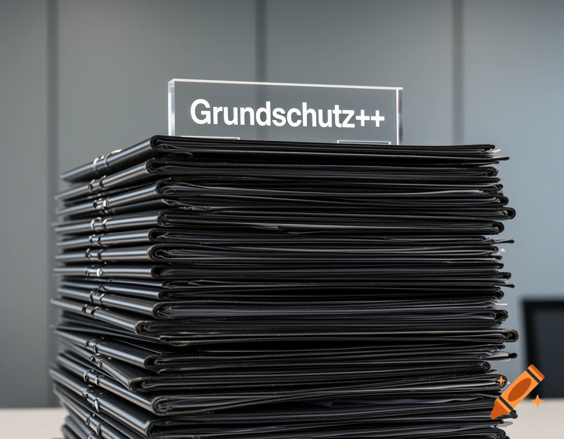A large stack of black folders on a white table, with a clear sign reading "Grundschutz++" on top.