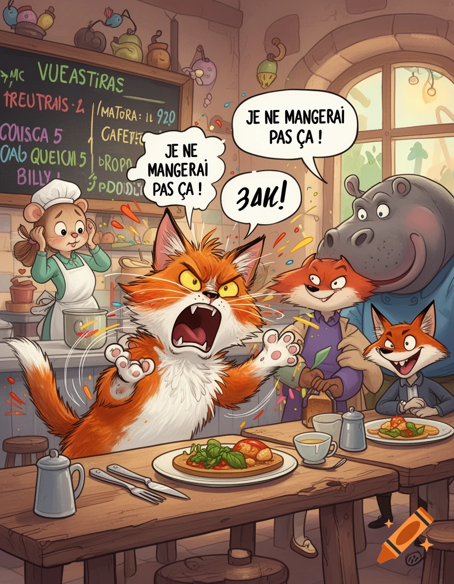 A cartoon orange cat angrily shouts at a plate of food in a restaurant, while a mouse chef looks on in distress and a fox and hippo pretend not to notice.