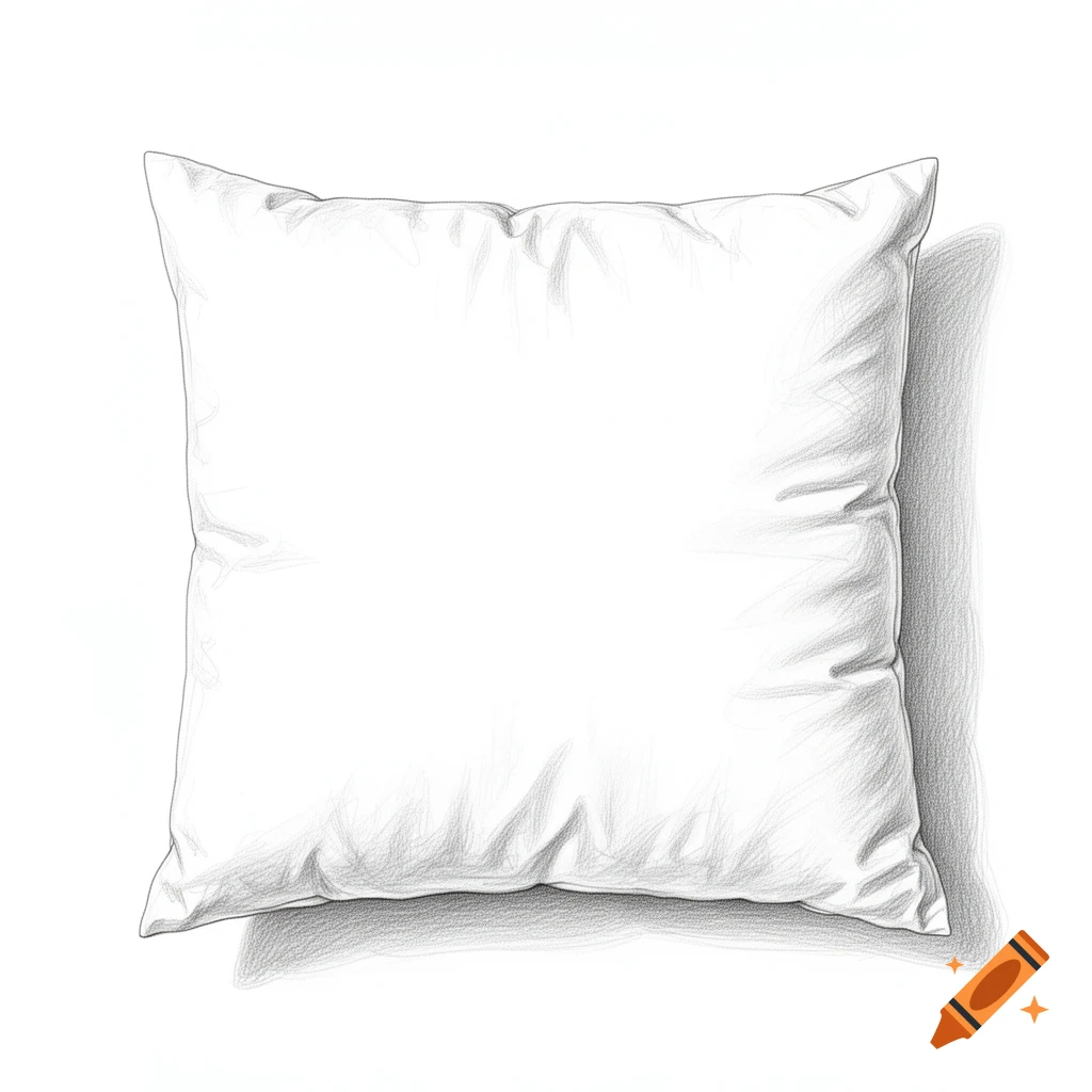 A detailed pencil sketch of a white, fluffy, rectangular pillow with creases and shadows, on a white background.