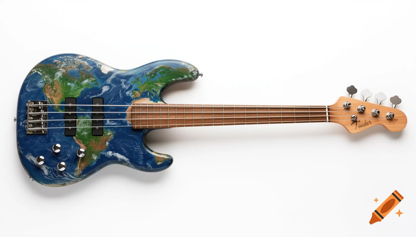 Photorealistic bass guitar with a world map design on its body, against a white background.