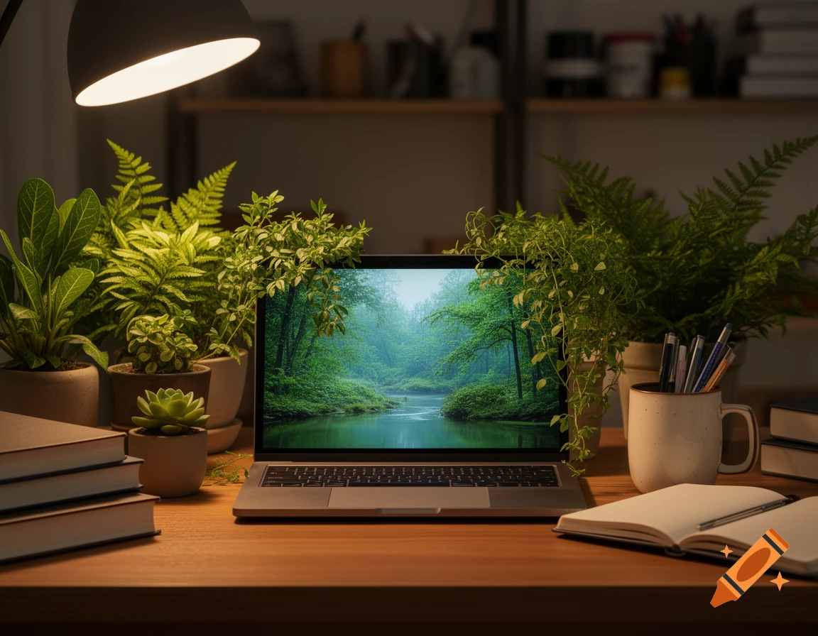 A cozy desk with a laptop displaying a forest river scene, surrounded by potted green plants, books, a lamp, and a mug of pens.