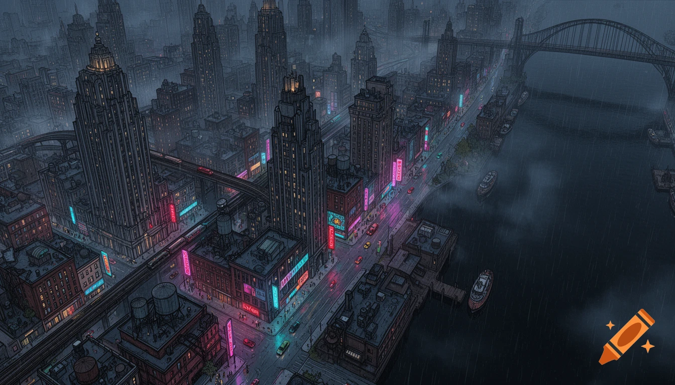 An ultra-detailed isometric aerial view of a rain-soaked noir metropolis at night, featuring Art Deco skyscrapers and glowing neon signs.
