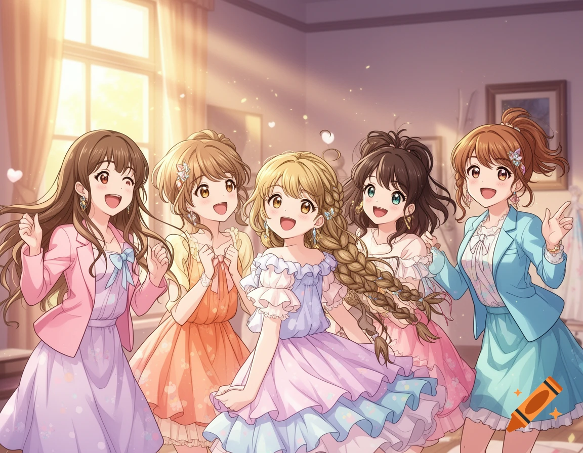 Five smiling anime girls in colorful dresses pose cheerfully in a sunlit room, with sparkling accents.