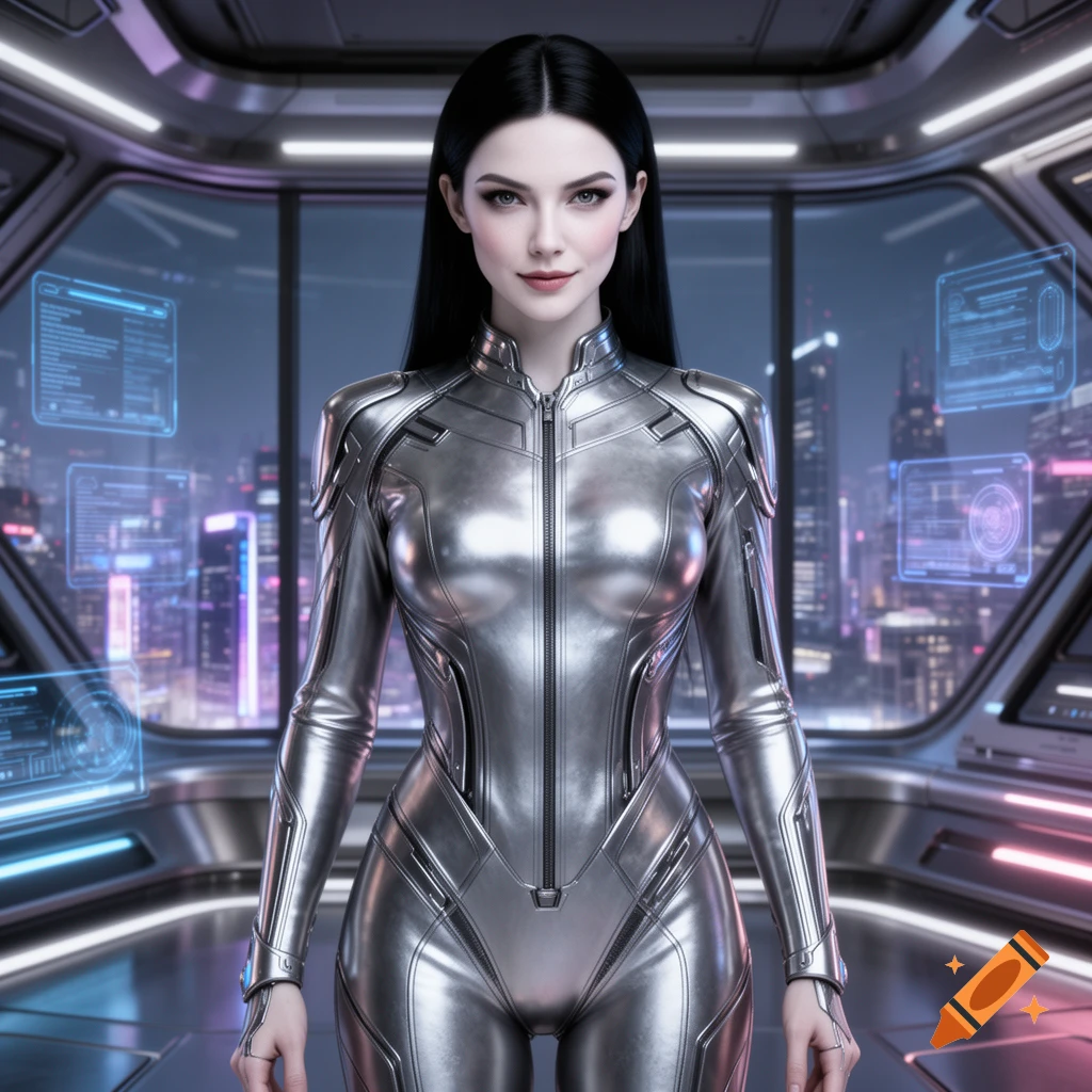 Woman in a metallic silver sci-fi suit stands in a futuristic spaceship cockpit with holographic screens and a city view.