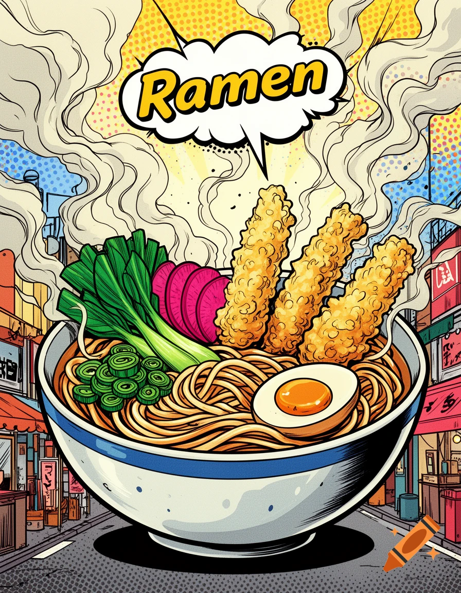 Comic art of a steaming bowl of ramen with tempura, egg, and vegetables, on a city street, with 'Ramen' in a speech bubble.