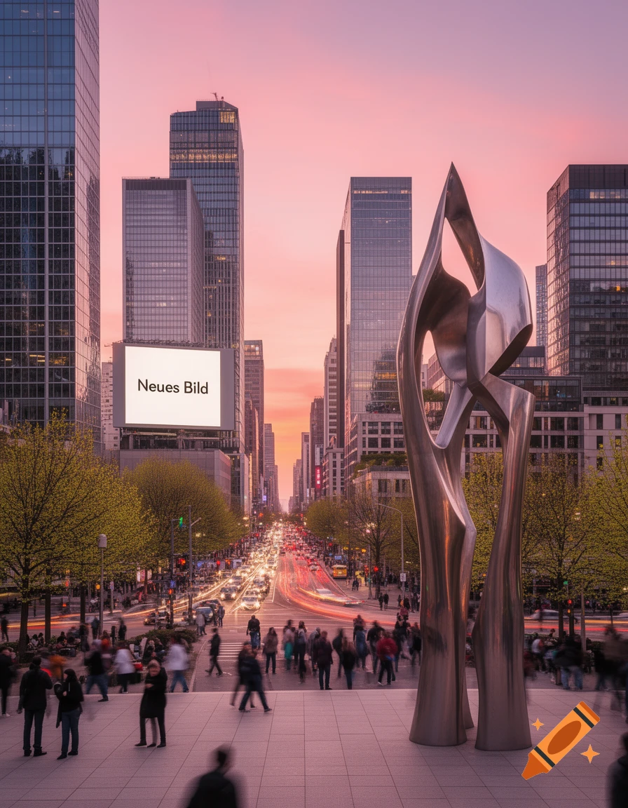 A modern cityscape at sunset with tall buildings, a bustling street, and a large metallic sculpture, under a pink sky.