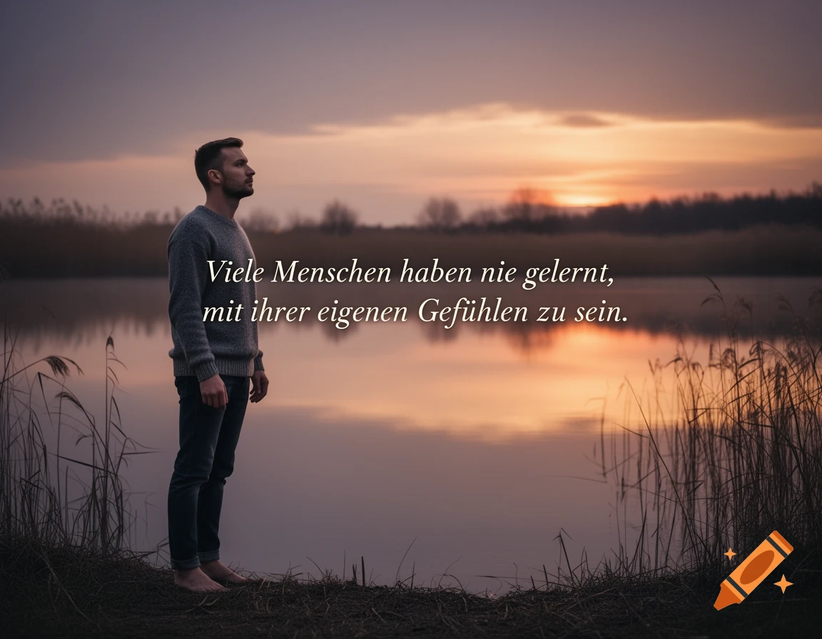 A man stands barefoot by a calm lake, looking towards a colorful sunset reflecting on the water, with a German quote overlaid.