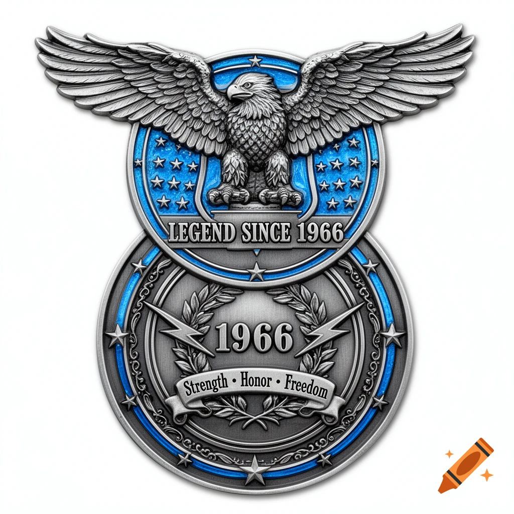 A silver and blue metallic emblem with a spread-winged bald eagle, stars, and text 'LEGEND SINCE 1966' and 'Strength • Honor • Freedom'.