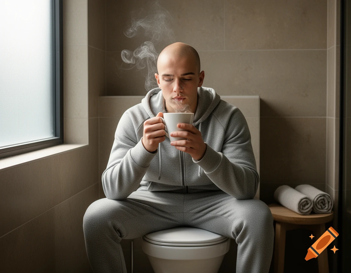 A bald man in a gray tracksuit sits on a toilet, holding a steaming cup of coffee in a modern tiled bathroom.
