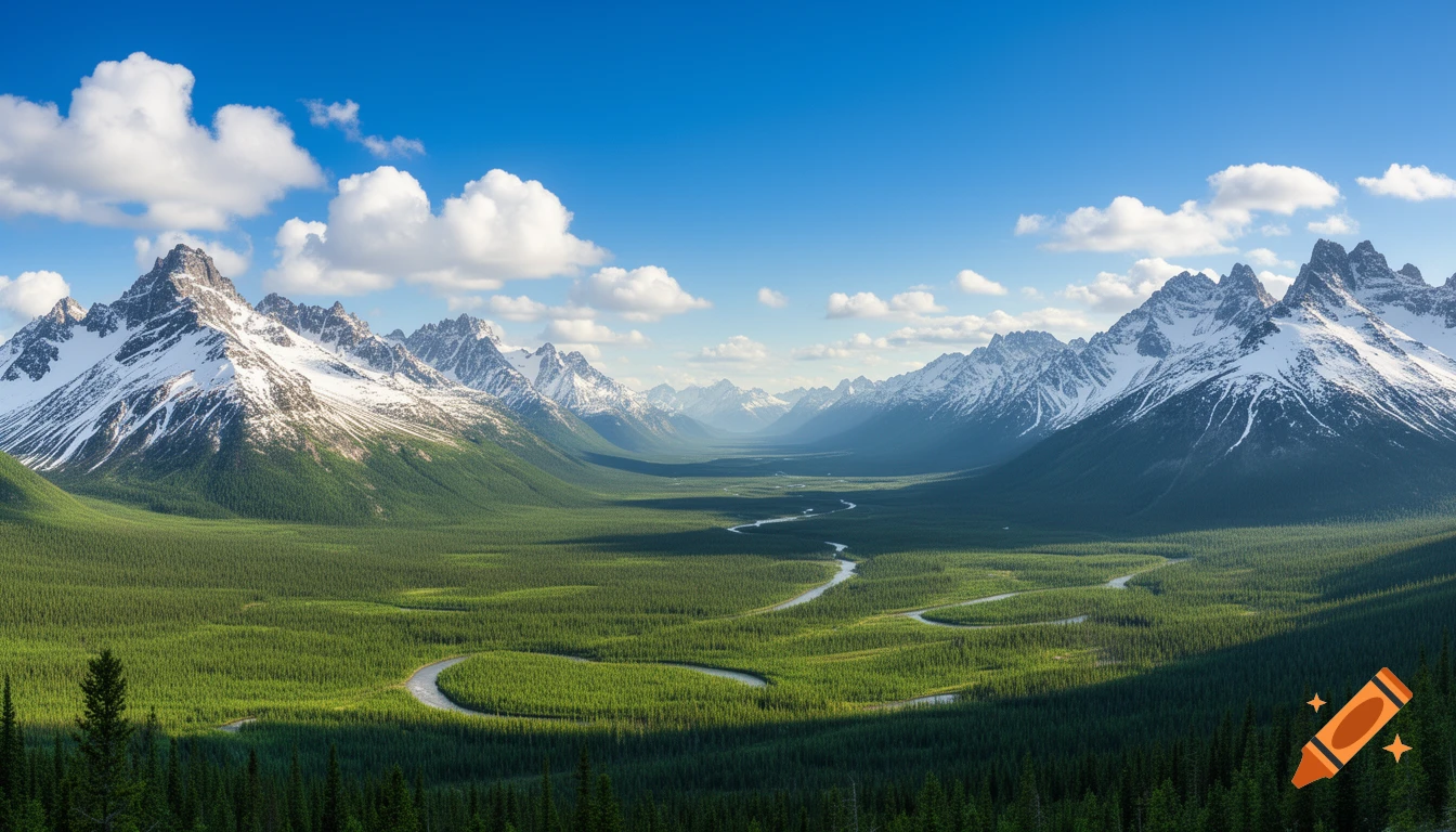A wide, scenic view of snow-capped mountains flanking a lush green valley with a winding river under a blue sky.