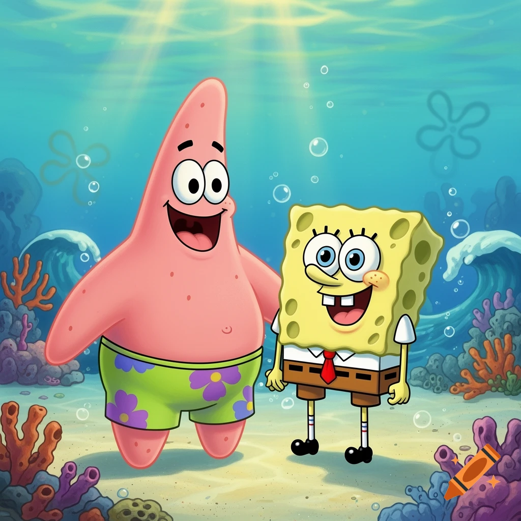 Cartoon characters Patrick Star and SpongeBob SquarePants smiling underwater amidst coral.