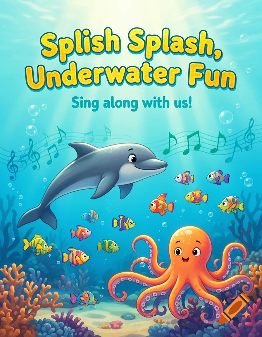 Bright cartoon illustration of a dolphin, octopus, and fish in a vibrant coral reef, with text 'Splish Splash, Underwater Fun' and 'Sing along with us!'.