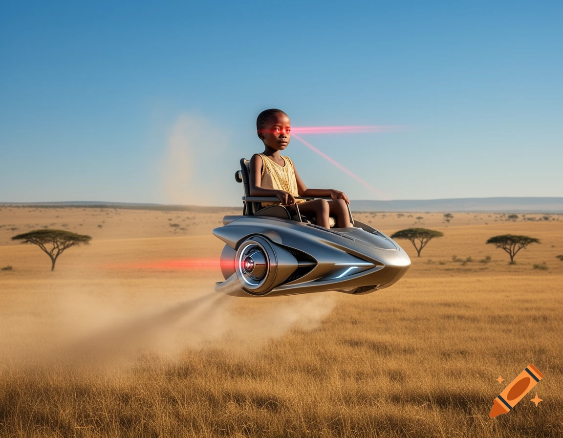 A child with laser eyes in a futuristic flying wheelchair hovers over a golden savanna, leaving dust trails.