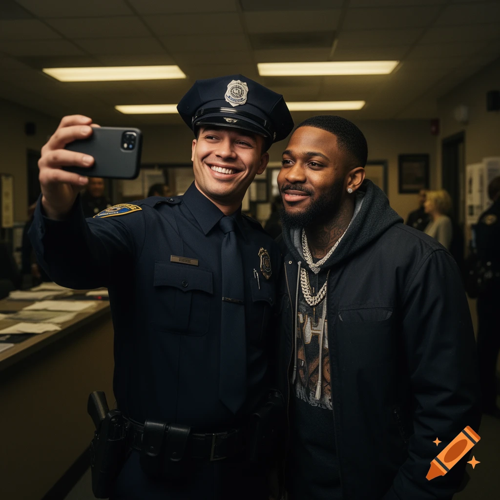 A smiling police officer in uniform takes a selfie with another man in a police station.