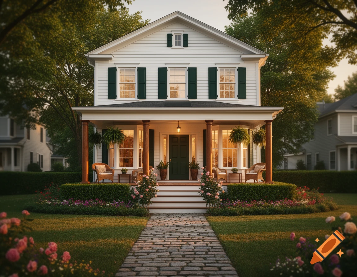 A charming white two-story house with dark green shutters, a porch with wooden columns, a stone path, and a lush garden.