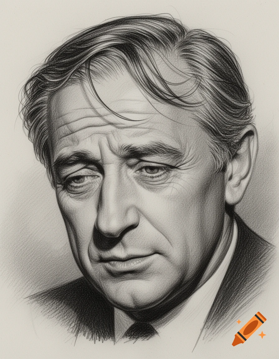 Black and white pencil portrait of an older man with wavy hair, looking down with a melancholic expression.