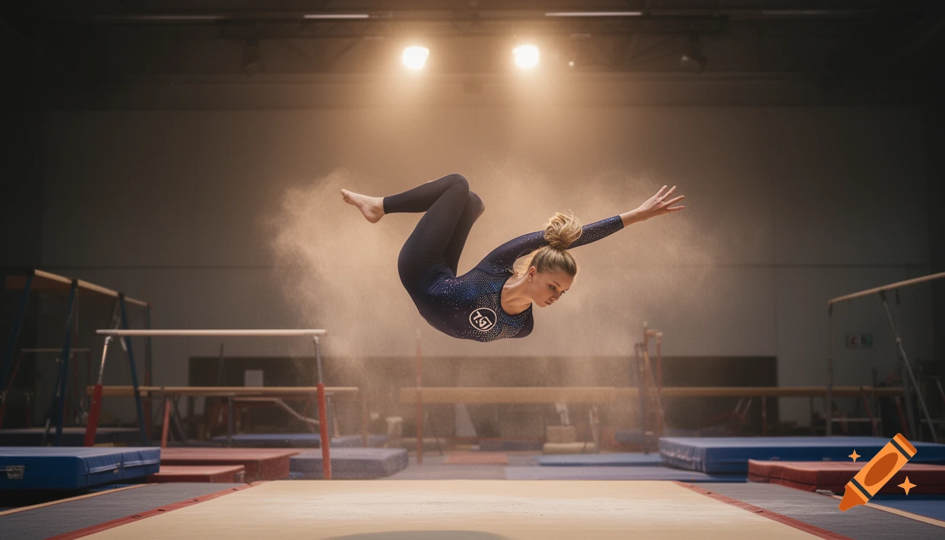 A female gymnast in a blue leotard performs a backflip in a brightly lit gym, surrounded by chalk dust.
