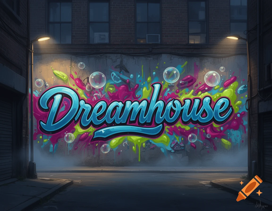 Vibrant graffiti mural of 'Dreamhouse' in blue, pink, and neon colors, with bubbles, on a concrete wall in a dimly lit city alley.