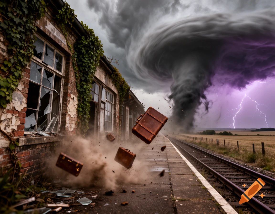 Photorealistic tornado destroying an abandoned railway station, with suitcases flying and lightning in a dark, stormy sky over a field.
