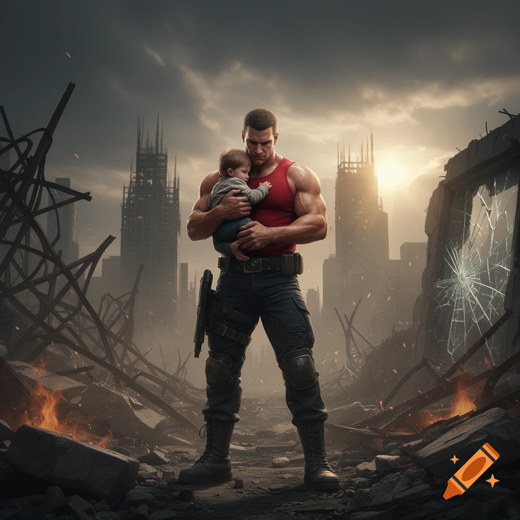 Muscular man in a red tank top holding a baby amidst the fiery rubble of a post-apocalyptic city at sunset.