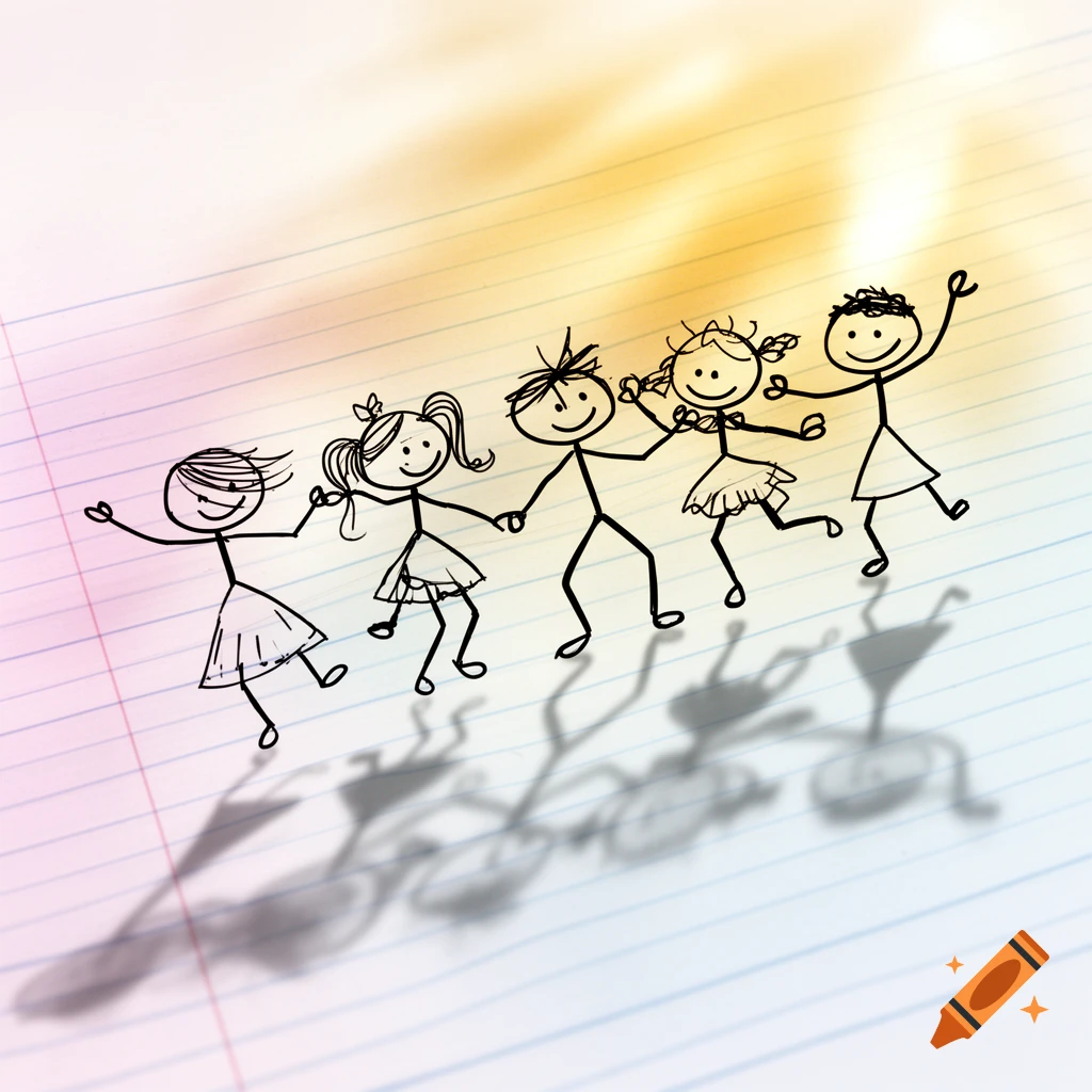 Five happy stick figure children holding hands and dancing across lined paper, casting shadows.
