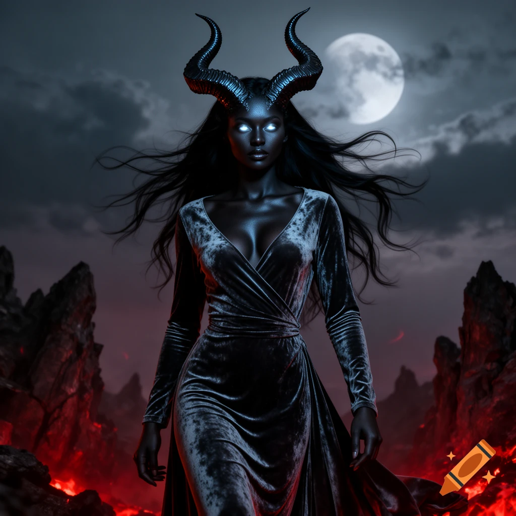 A dark-skinned demon woman with glowing eyes and large horns, wearing a velvet dress, stands under a full moon in a fiery, rocky landscape.