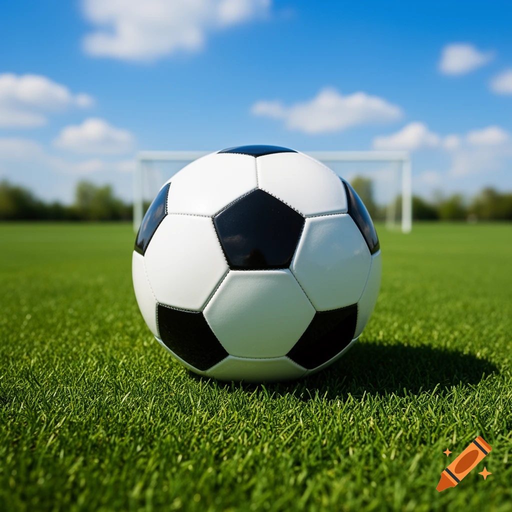 Photorealistic soccer ball on a green grass field with a goal and blue sky in the background.