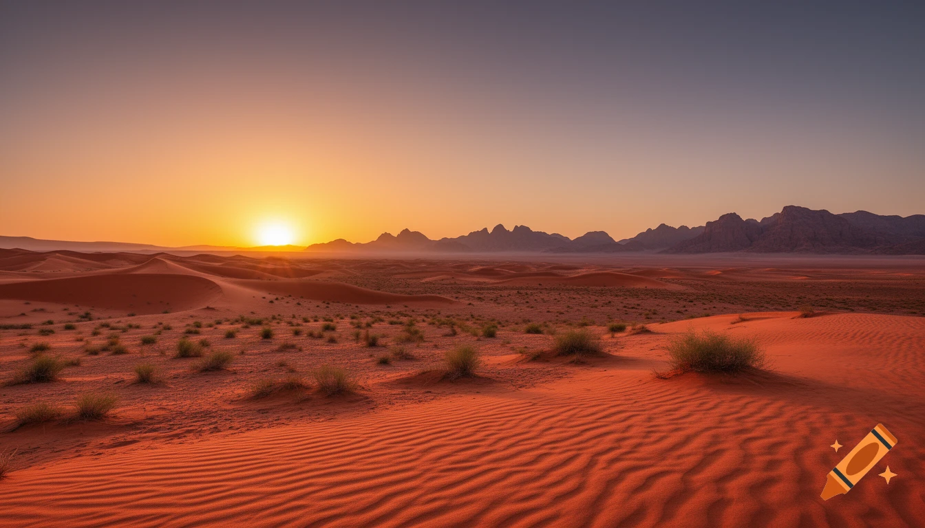 A vast desert landscape at sunset, with sand dunes, sparse vegetation, and mountains in the distance under an orange sky.