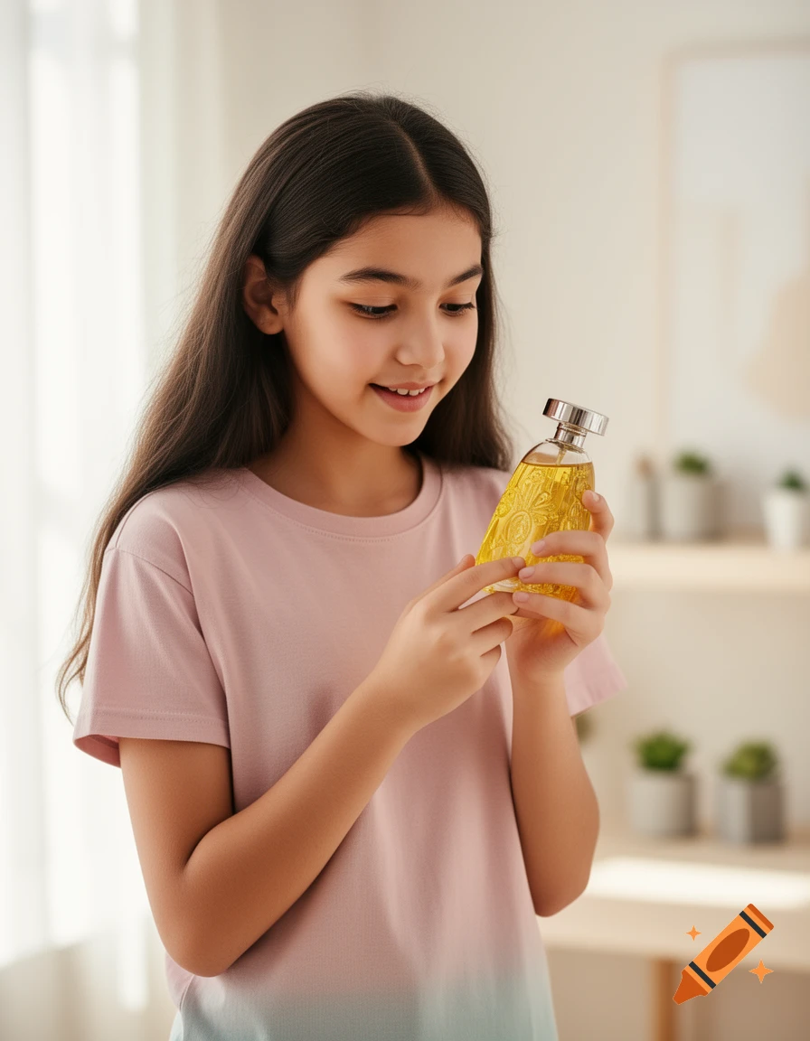 A young girl with long dark hair smiles while holding a yellow perfume bottle.