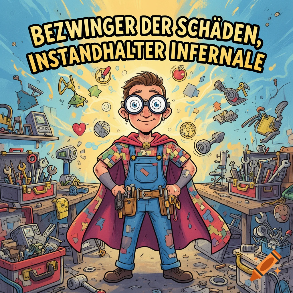 A caricature of a superhero handyman with a cape and tool belt, standing in a workshop surrounded by tools, with German text above.