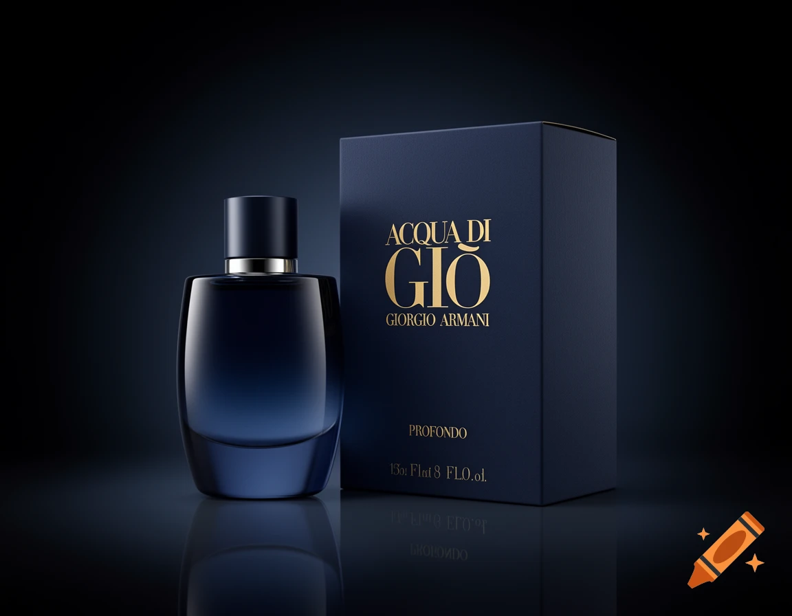 Photorealistic studio shot of Giorgio Armani Acqua di Gio Profondo perfume bottle and box with gold text on a dark background.
