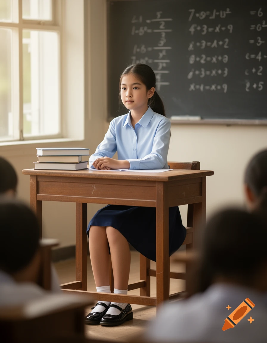 A young Asian girl with dark hair sits attentively at a wooden desk in a classroom, with books stacked beside her and a blackboard in the background.