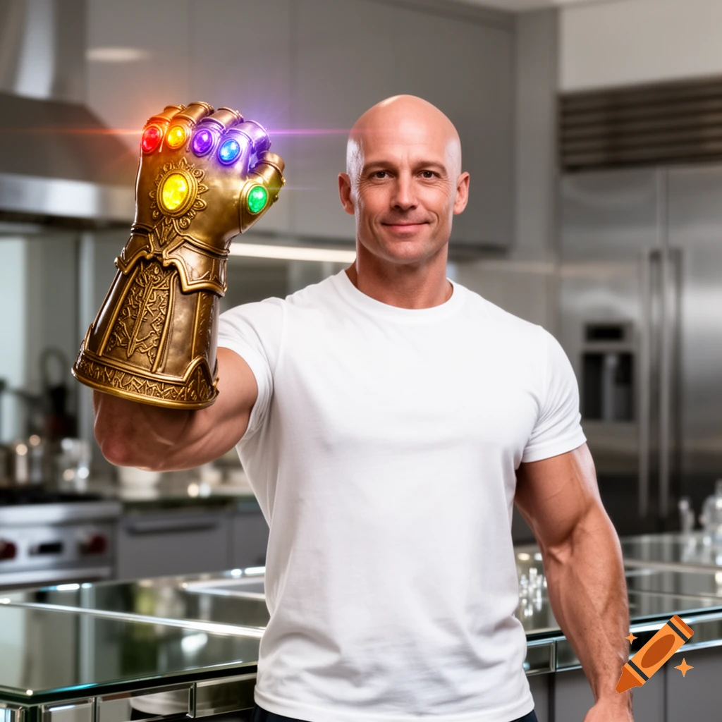 A bald man resembling Mr. Clean poses in a modern kitchen, wearing a golden Infinity Gauntlet with glowing gems.