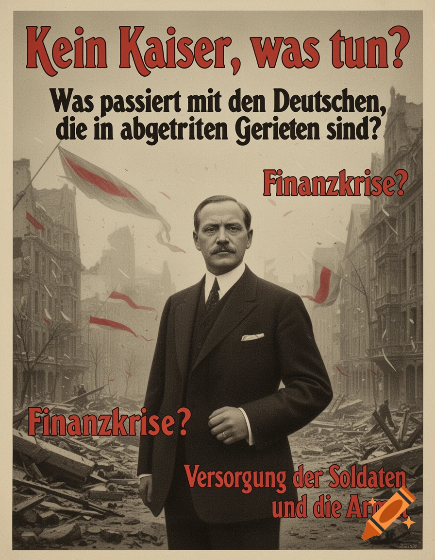 Vintage German political poster with a man in a suit standing amidst rubble, addressing post-war issues.