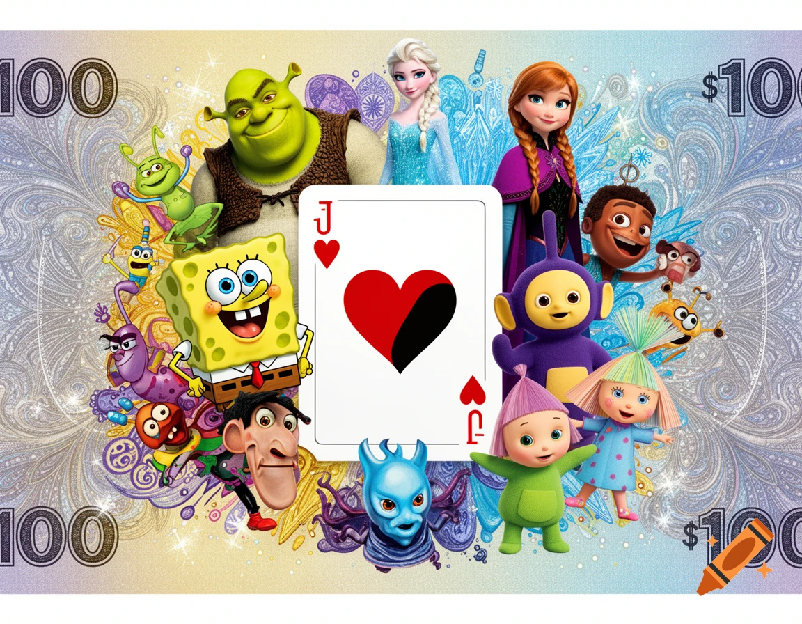 A vibrant collage of cartoon characters including Shrek, Spongebob, Elsa, Anna, and a Teletubby, surrounding a Jack of Hearts playing card, set against a $100 currency note background.